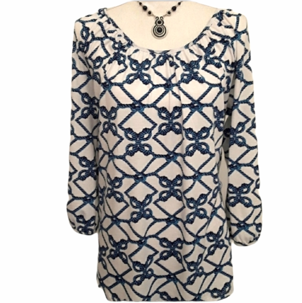 Charming Charlie Blue Knotted Rope Print Blouse EUC sz L